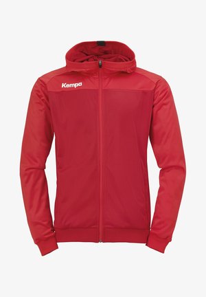 Rote Zip-Jacke aus leichtem Material, mit Kapuze, kontrastierendem Schulterdesign und einem weißen "Kempa"-Logo auf der Brust.