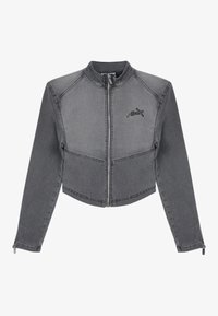 Cropped gray denim jacket with a high collar, zip closure, and logo detail on the chest. Features contrasting stitching and fitted sleeves.