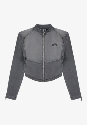 Cropped gray denim jacket with a high collar, zip closure, and logo detail on the chest. Features contrasting stitching and fitted sleeves.