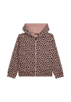 Felpa zip con cappuccio di colore rosa, decorata con stampa leopardata nera, dotata di un grande cappuccio e maniche lunghe, realizzata in un morbido tessuto testurizzato.