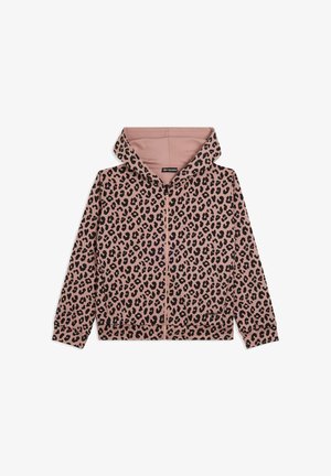 Hoodie zippé rose avec imprimé léopard noir, doté d'une grande capuche et de manches longues, fabriqué à partir d'un tissu doux et texturé.