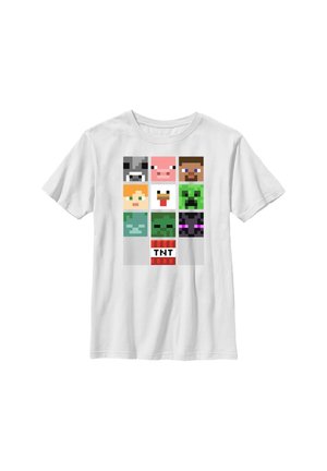 Hvid T-shirt med et net af pixeliserede Minecraft-figurfjes og en TNT-blok i midten foran.