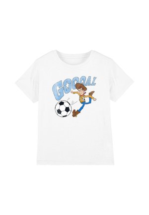White t-shirt with cartoon cowboy kicking a black-and-white soccer ball and large blue text "GOOAL" above.