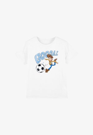 Weißes T-Shirt mit einem Cartoon-Cowboy, der einen schwarz-weißen Fußball kickt und großem blauen Schriftzug „GOOAL“ darüber.