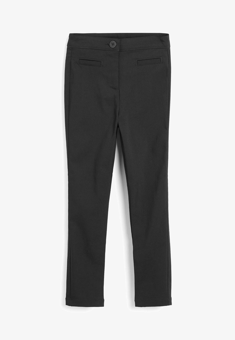 Schwarze maßgeschneiderte Hosen in geradem Schnitt mit einem Knopfverschluss, Taschen vorne und glattem Stoff mit leichtem Glanz.