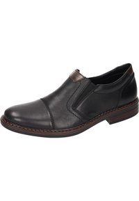 Black leather slip-on shoe with a brown accent at the heel, featuring a stitched design, round toe, and low-profile sole.