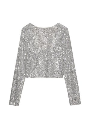 Zilveren langemouwen cropped top met een textuur, voorzien van een patroon van kleine pailletten voor extra glans en visuele aantrekkingskracht.
