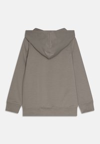 Jednoduchá taupe šedá mikina s kapucí zobrazená zezadu, s dlouhými rukávy a vroubkovanými manžetami a spodním lemem.