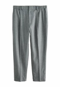 Gray wool trousers with a straight cut, pleated front, and elastic waistband. Smooth texture and subtle pattern throughout.