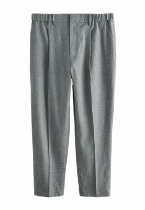 Gray wool trousers with a straight cut, pleated front, and elastic waistband. Smooth texture and subtle pattern throughout.