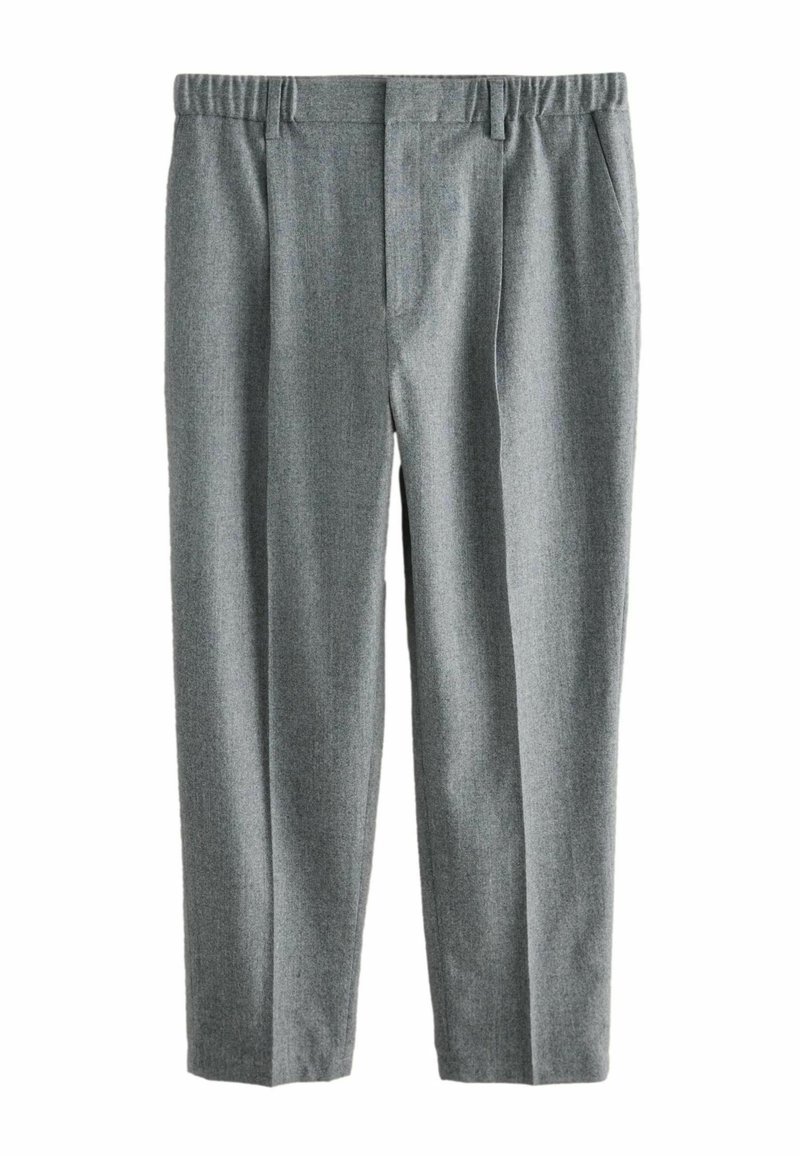 Gray wool trousers with a straight cut, pleated front, and elastic waistband. Smooth texture and subtle pattern throughout.