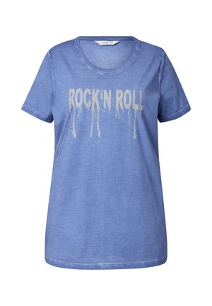 Blå bomulds T-shirt med korte ærmer og rund hals, prydet med et sølvfarvet grafisk tryk med teksten "ROCK'IN ROLL" i dryppende bogstaver.