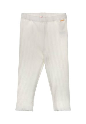 White ribbed elastic-waist pants with a small orange "Bondi" tag on the upper right side.