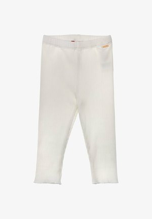 White ribbed elastic-waist pants with a small orange "Bondi" tag on the upper right side.