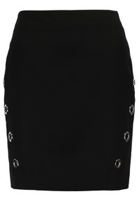 Jupe mini noire en tissu lisse, ornée d'accentuations en œillets argentés sur les côtés, avec une coupe ajustée et une silhouette épurée.
