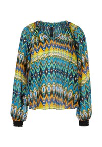 Colorful blouse featuring a zigzag pattern in blue, yellow, and black. Lightweight fabric, long sleeves, and elasticized cuffs.