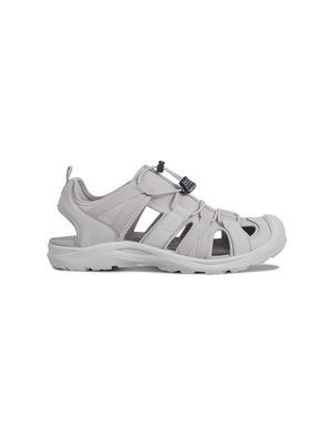 Light gray sports sandal with a closed toe design, elastic straps, a pull tab, and a textured rubber outsole for traction.