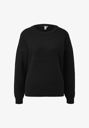 Czarny dziany sweter z teksturowanym wzorem, szerokim okrągłym dekoltem oraz ściągaczami przy mankietach i dole. Charakteryzuje się luźnym krojem z opuszczonymi ramionami.