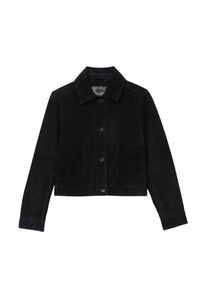 Black suede jacket with long sleeves, button front closure, two front patch pockets, and a pointed collar.
