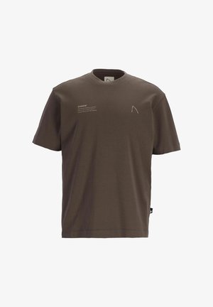 Rjava bombažna majica s krožnim ovratnikom, kratkimi rokavi in majhnim logotipom. Na sprednji strani je natisnjen bel napis.