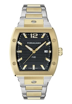 Ferragamo F-80 watch with a black textured dial, gold hour markers, and a stainless steel bracelet with gold accents. Features a date display.