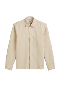 Beige long-sleeve shirt made of textured fabric. Features a button-down collar, front pocket, and five buttons along the front.