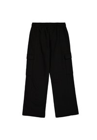 Schwarze Cargo-Hosen aus Stretchstoff, mit einem elastischen Bund, weit geschnittenen Beinen und zwei Seitentaschen. Schlichtes und funktionales Design.
