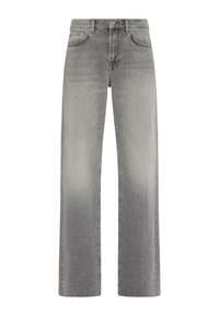 Jeans a gamba larga in jeans grigi con una finitura sbiadita, caratterizzati da un classico design a cinque tasche, passanti per cintura e chiusura con bottone in metallo.
