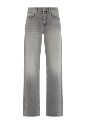 Grå denim brede bukser med en falmet finish, der har et klassisk fem-lomme design, bæltesløjfer og metalknaplukning.