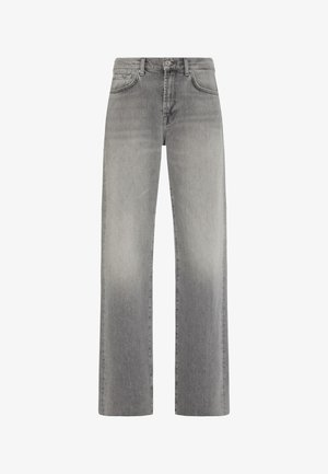 Grå denim brede bukser med en falmet finish, der har et klassisk fem-lomme design, bæltesløjfer og metalknaplukning.