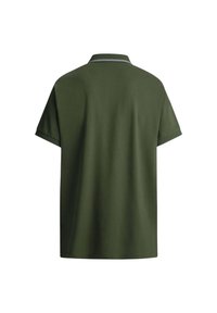 Kortärmad pikétröja i mörkgrön färg, tillverkad av mjukt tyg, med klassisk krage och en vit accentrand längs halsringningen.