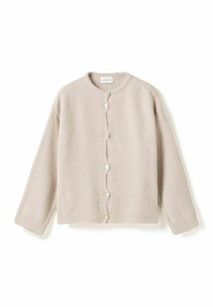 Light beige fuzzy cardigan with round neck, long sleeves, and six white buttons down the front.