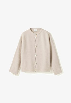 Light beige fuzzy cardigan with round neck, long sleeves, and six white buttons down the front.