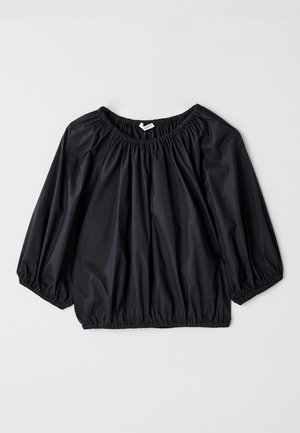 Black, lightweight blouse with an elasticized neckline and cuffs. Features a loose, balloon shape and smooth, glossy texture.