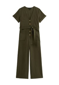 Olive green jumpsuit with a v-neck, short sleeves, five wooden buttons, two front pockets, and a tied waist belt. Wide-leg design.