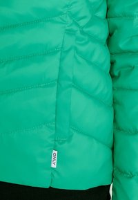 Zielona kurtka puchowa o pikowanej fakturze, wyposażona w boczną kieszeń i metkę z logo, wykonana z błyszczącego, lekkiego materiału.