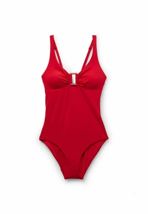 Maillot de bain une pièce rouge avec bretelles réglables et découpe rectangulaire au centre de la poitrine.
