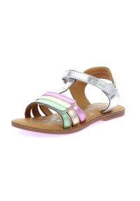 Silverfärgade sandaler med flerfärgade remmar i rosa, grönt och guld, med öppen tådesign och platt sula.