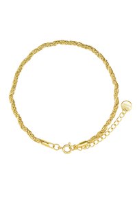 Bracciale in catena intrecciata d'oro con chiusura a moschettone e catena di estensione. Presenta una texture lucida e un piccolo tag del brand vicino alla chiusura.