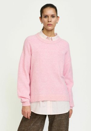 Žena s tmavými vlasy sepnutými dozadu, oblečená v světle růžovém svetru přes bledě růžovou košili na knoflíky a hnědé texturované kalhoty, čelem k fotoaparátu.