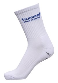 Biała sportowa skarpeta o rypsowym wykończeniu, z niebieskim logo "hummel" i wzmocnioną piętą. Posiada wyściełaną wkładkę dla większego komfortu.