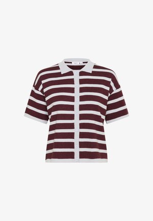 Kurzarm, kastanienbrauner und weiß gestreifter Cardigan mit Polo-Kragen, mit Knopfleiste und geripptem Saum sowie Bündchen.