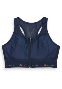 Navy blauwe sportbh met een ritssluiting aan de voorkant, meshpanelen en textuurstof. Kenmerkt het "ACTIVE" merk in oranje op de onderband.