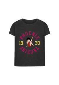 Black t-shirt featuring a graphic design with "PHOENIX ARIZONA" in bold red and yellow text, and a cartoon character in a red dress.