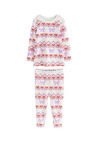 Lightweight cotton pajama set featuring long-sleeve top and leggings, patterned with red hearts and pink bows on a white background.