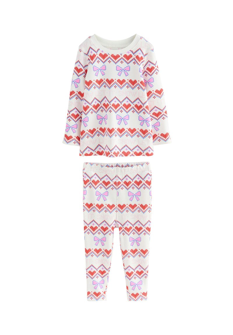 Lightweight cotton pajama set featuring long-sleeve top and leggings, patterned with red hearts and pink bows on a white background.