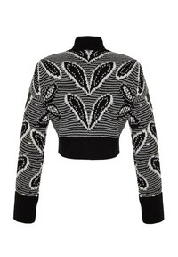 Pull court tricoté en noir et blanc avec col montant et motif abstrait rappelant des feuilles sur les manches et le dos.