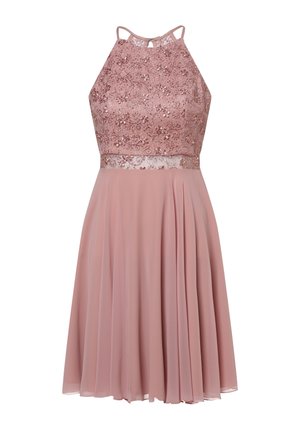 Ærmeløs støvet lyserød kjole med blomsterblondebodice, nøglehulssnit, tynde skulderstropper og flydende chiffon nederdel.