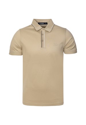 Polo beige de manga corta con tapeta con botones, cuello acanalado con rayas blancas y negras y logo sutil en el pecho.