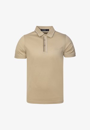 Beiges Polo-Shirt mit kurzen Ärmeln, Knopfleiste, geripptem Kragen mit weißen und schwarzen Streifen und dezentem Logo auf der Brust.
